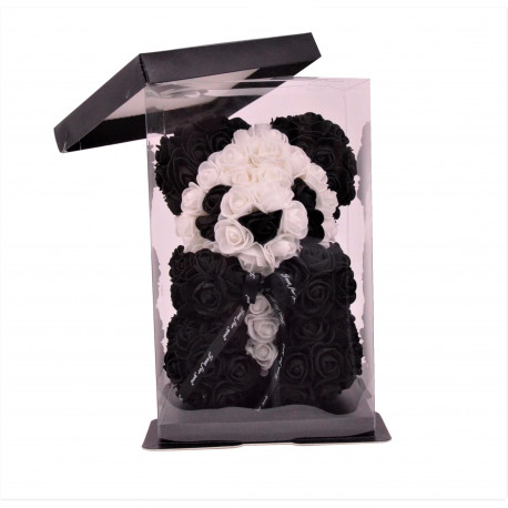 Ursulet din trandafiri de spuma tip panda in cutie transparenta H 25