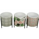 Set 3 vase ceramice cu suport metalic rotunde cu imprimeu H 10